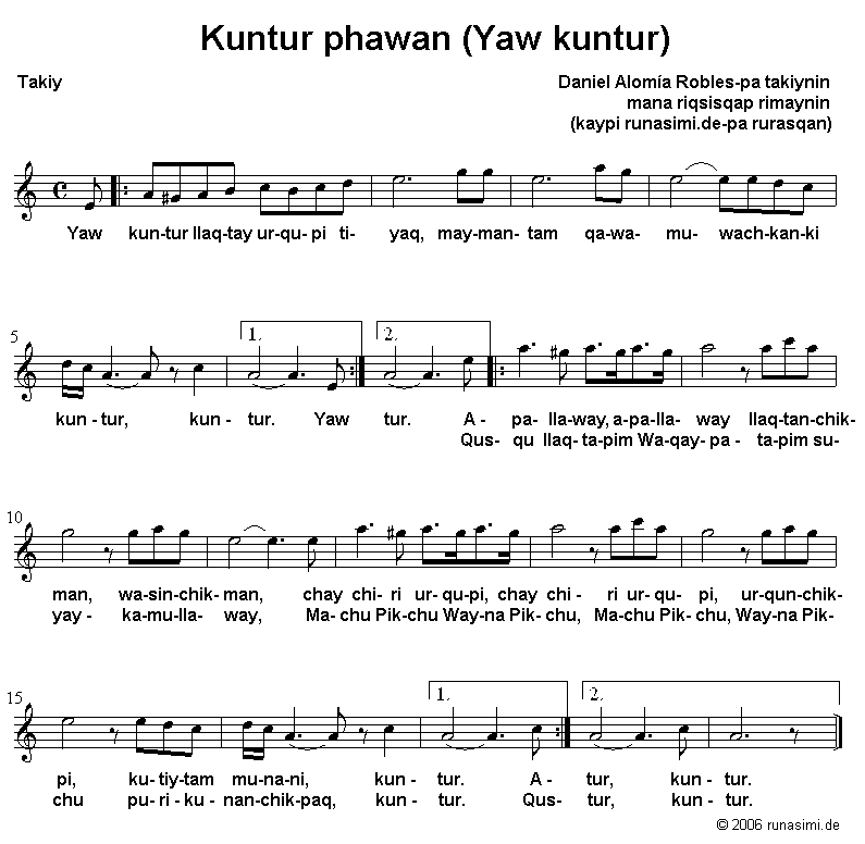 Yaw kuntur (El cndor pasa) - takina qillqasqa - © runasimi.de