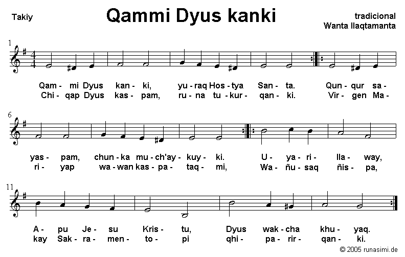 Qammi Dyus kanki - takina qillqasqa -  2005 runasimi.de